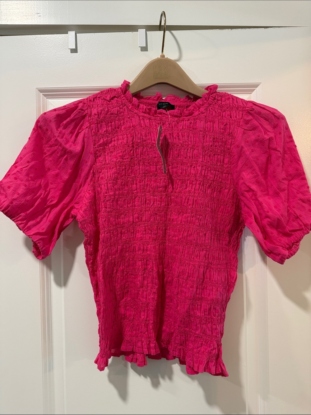 NWT J Crew Smocked Puff-Sleeve Blouse in Hot Pink